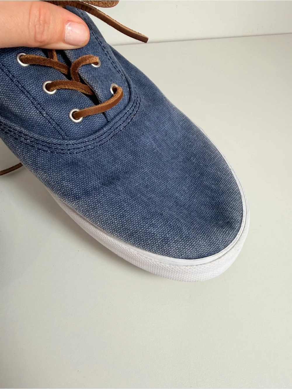 Sperry Denim Blue Canvas Low-Top Sneakers with Brown Laces